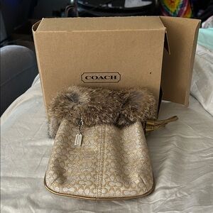 Coach Gold and Brown Clutch with Fur Trim